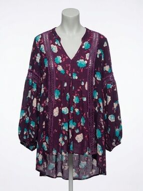 Indigo Thread Co Purple Floral Lace Trim Boho Peasant Tunic Blouse Top Size XL